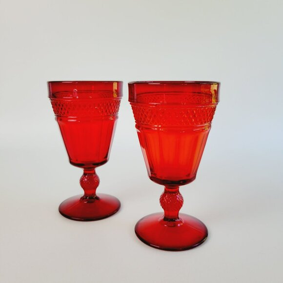 Viking Glass Co. Mt Vernon Red Glass Goblets (2), Panel & Cross Hatch, Retro USA - Picture 2 of 9